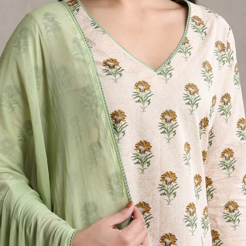 Floral Printed V-Neck Pure Cotton Kurta with Palazzos & with Dupatta - Cream - Khushal K - Image 2