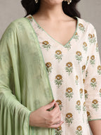Floral Printed V-Neck Pure Cotton Kurta with Palazzos & With Dupatta