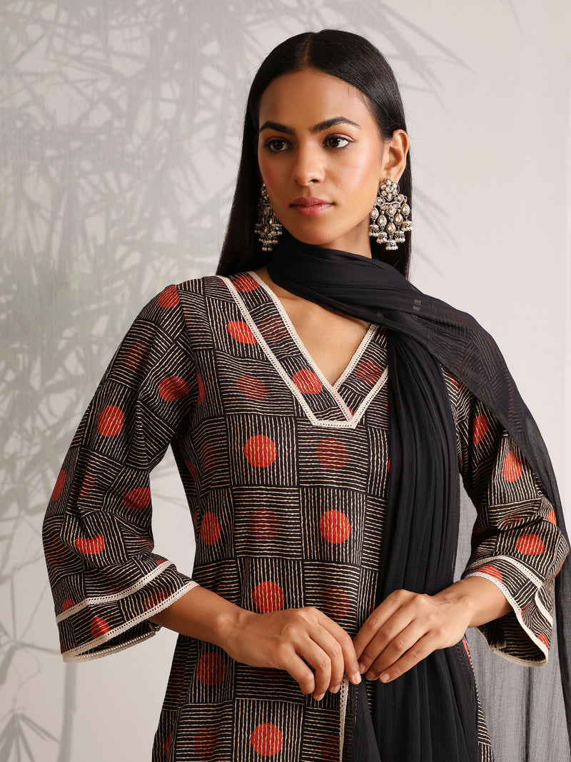 Khushal K Women Cotton kurti and Afghani Salwar with dupatta set - Black