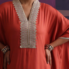 Khushal K Women Motifs V-Neck Rust Kaftan set