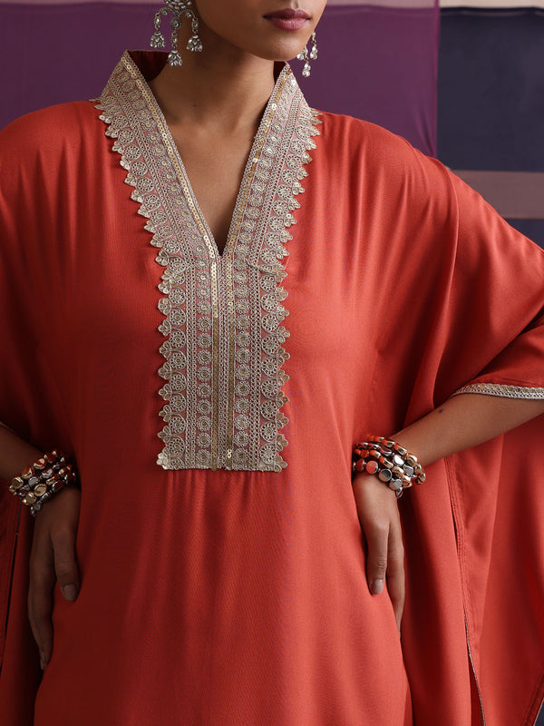 Khushal K Women Motifs V-Neck Rust Kaftan set