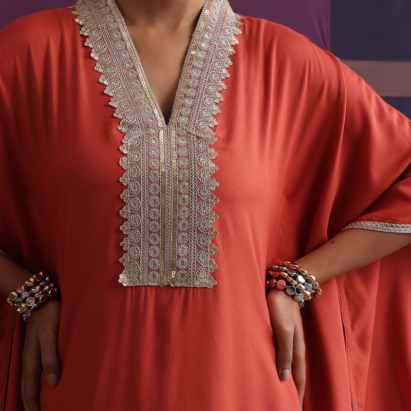 Women Motifs V-Neck Rust Kaftan Set - Khushal K - Image 2