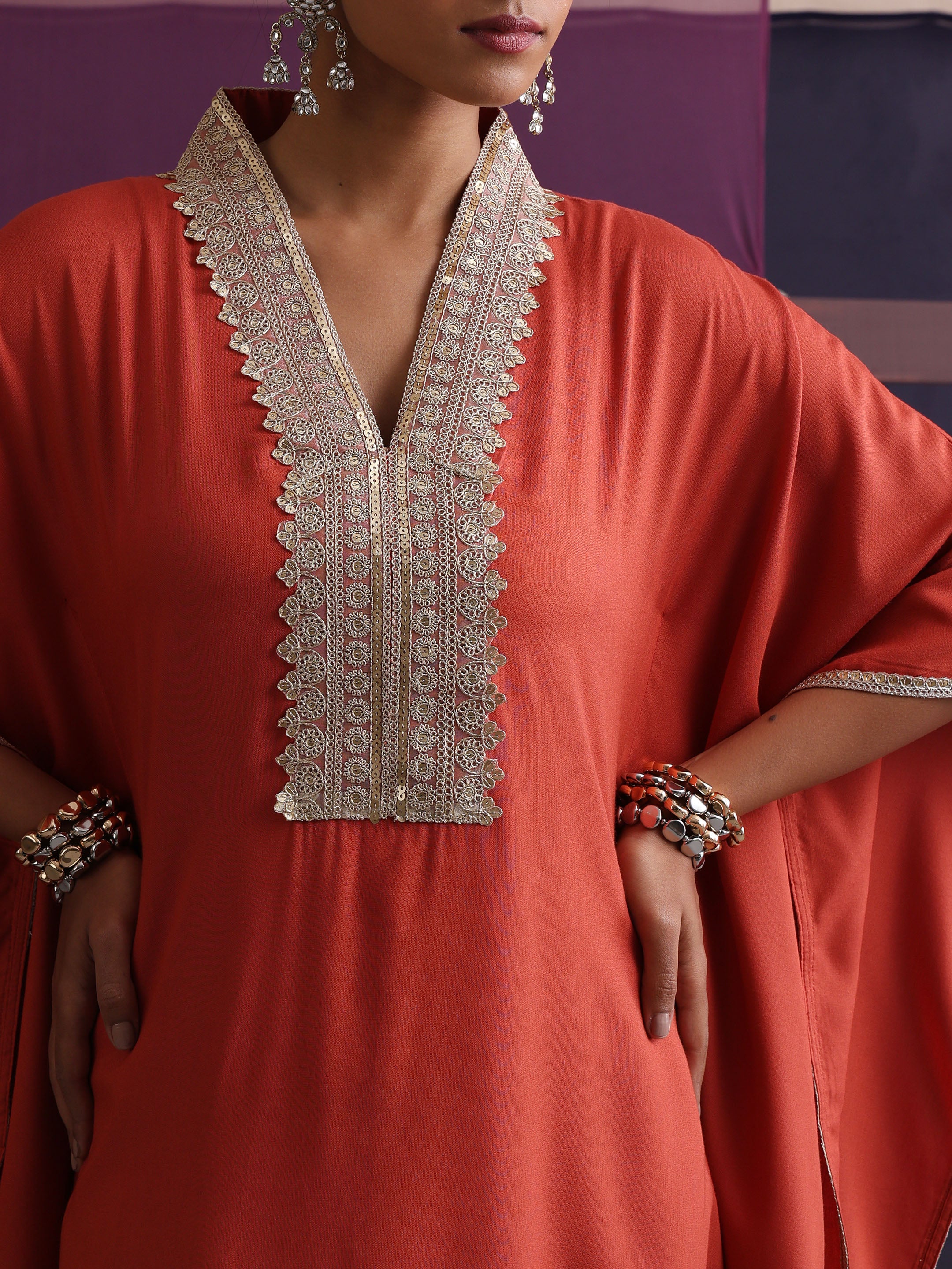 Khushal K Women Motifs V-Neck Rust Kaftan set