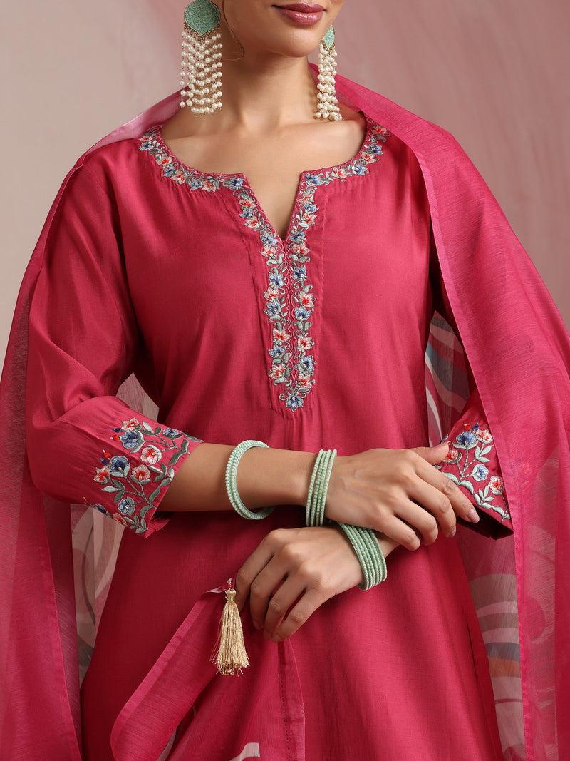 Khushal K Women Pure Silk pink Embroidered Kurta & Palazzo With Dupatta