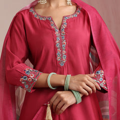 Khushal K Women Pure Silk pink Embroidered Kurta & Palazzo With Dupatta