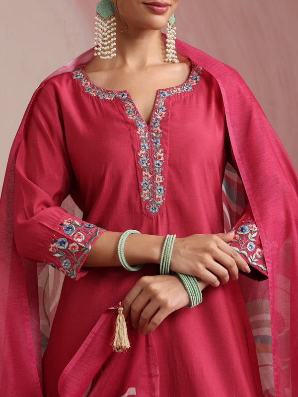 Khushal K Women Pure Silk pink Embroidered Kurta & Palazzo With Dupatta