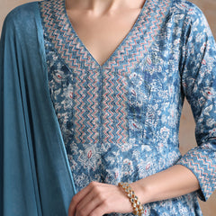 Ethnic Motifs Printed V-Neck Anarkali Pure Cotton Kurta With Trousers & Dupatta