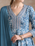 Ethnic Motifs Printed V-Neck Anarkali Pure Cotton Kurta With Trousers & Dupatta