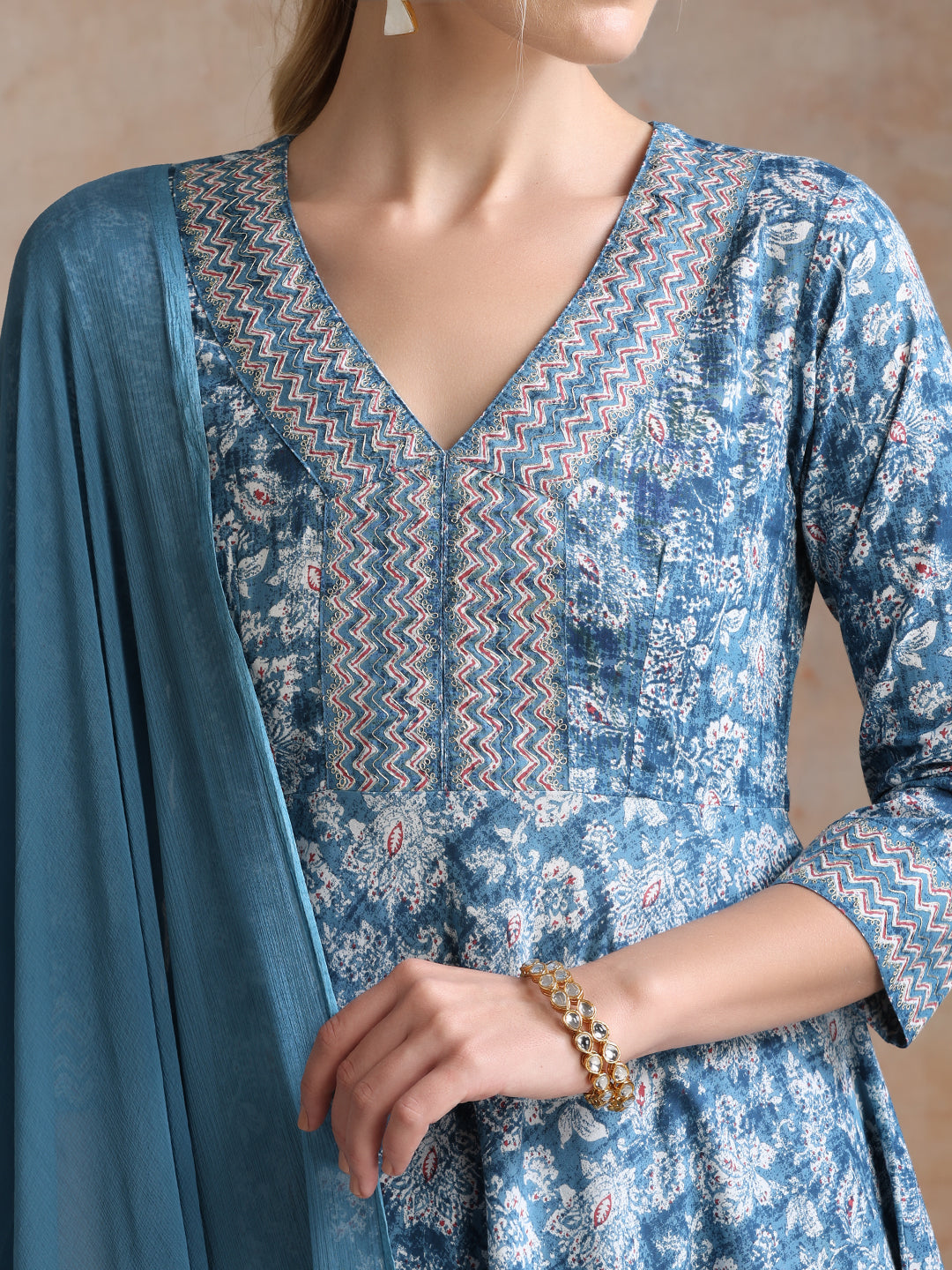 Ethnic Motifs Printed V-Neck Anarkali Pure Cotton Kurta With Trousers & Dupatta