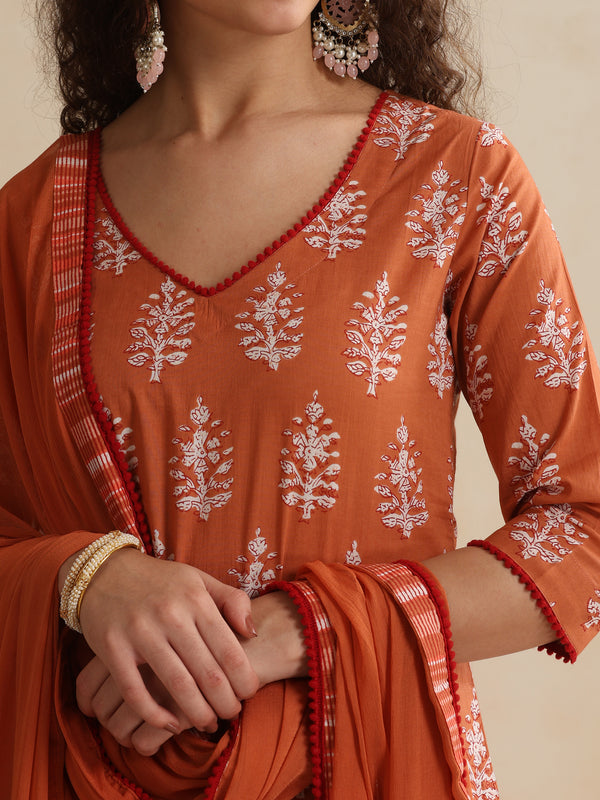 Khushal K Women Floral Printed Regular Pure Cotton Pink Kurta & Palazzo With Dupatta