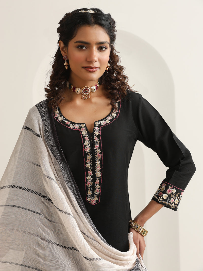 Khushal K Women Pure Silk black Embroidered Kurta & Palazzo With Dupatta