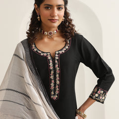 Khushal K Women Pure Silk black Embroidered Kurta & Palazzo With Dupatta