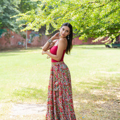 Khushal K Women's Grey Printed Cotton Flared Maxi Skirt