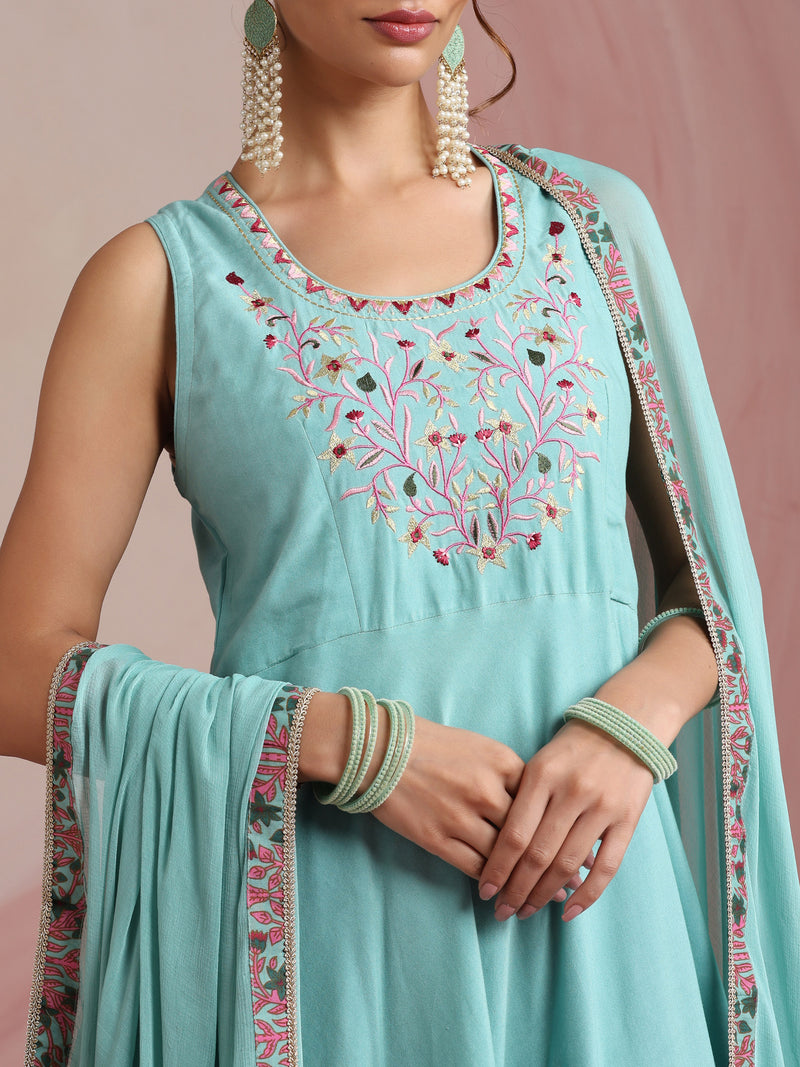 Turquoise Blue & Pink Embroidered Kurta with Palazzos & Dupatta Set