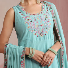 Turquoise Blue & Pink Embroidered Kurta with Palazzos & Dupatta Set