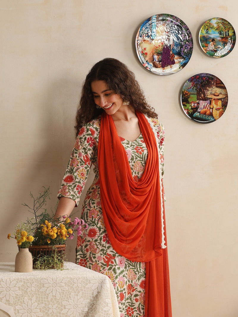 Khushal K Women Floral Printed Regular Pure Cotton White Kurta & Palazzo With Dupatta