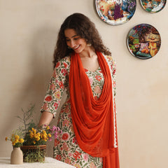 Khushal K Women Floral Printed Regular Pure Cotton White Kurta & Palazzo With Dupatta