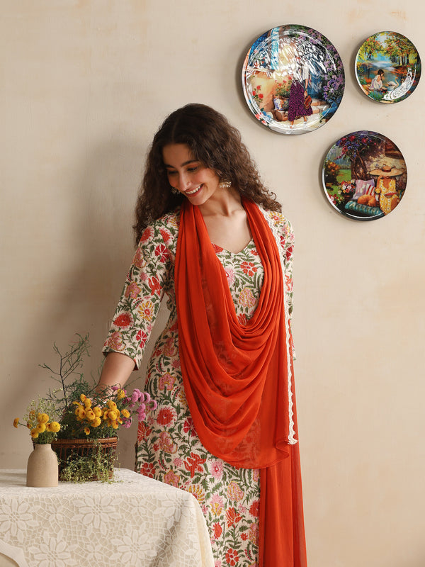 Khushal K Women Floral Printed Regular Pure Cotton White Kurta & Palazzo With Dupatta