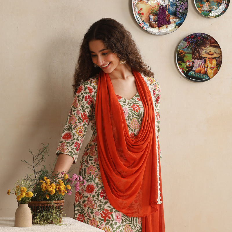 Women Floral Printed Regular Pure Cotton White Kurta & Palazzo with Dupatta - Khushal K - Image 2