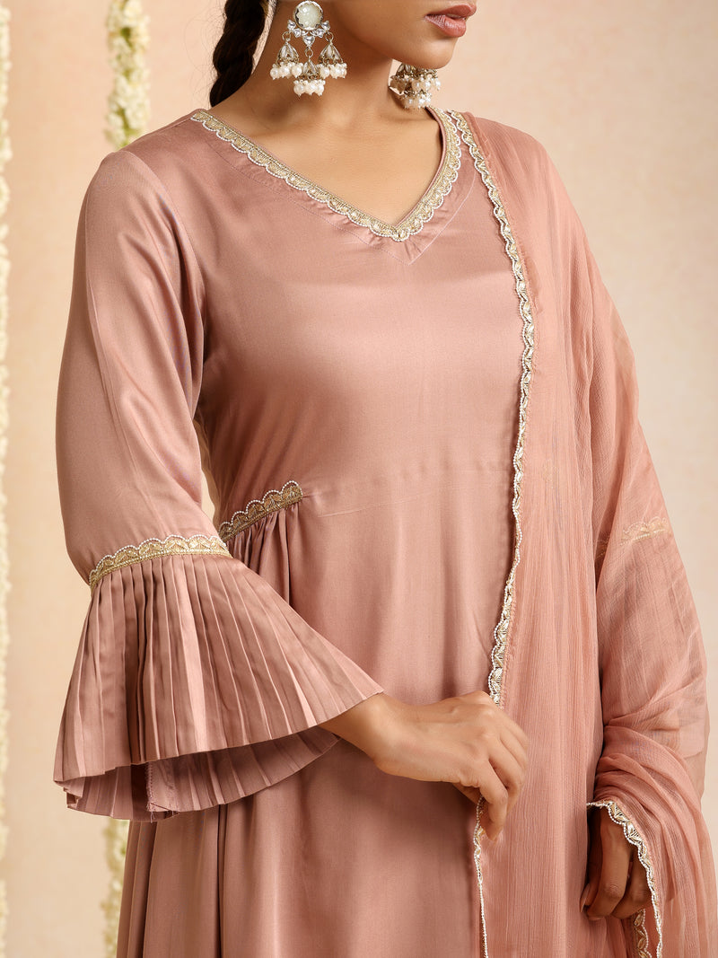 Peach & Gold Solid Kurta with Trousers & Dupatta