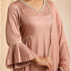 Peach & Gold Solid Kurta with Trousers & Dupatta