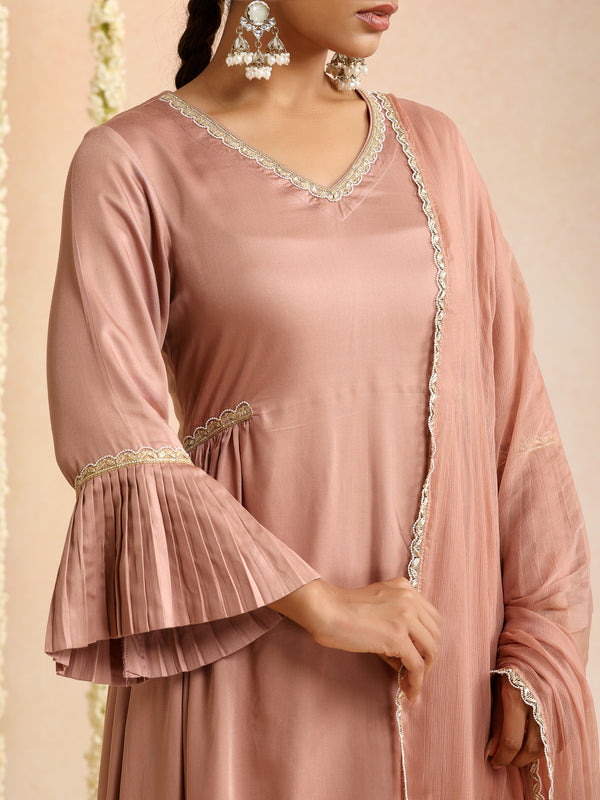 Peach & Gold Solid Kurta with Trousers & Dupatta