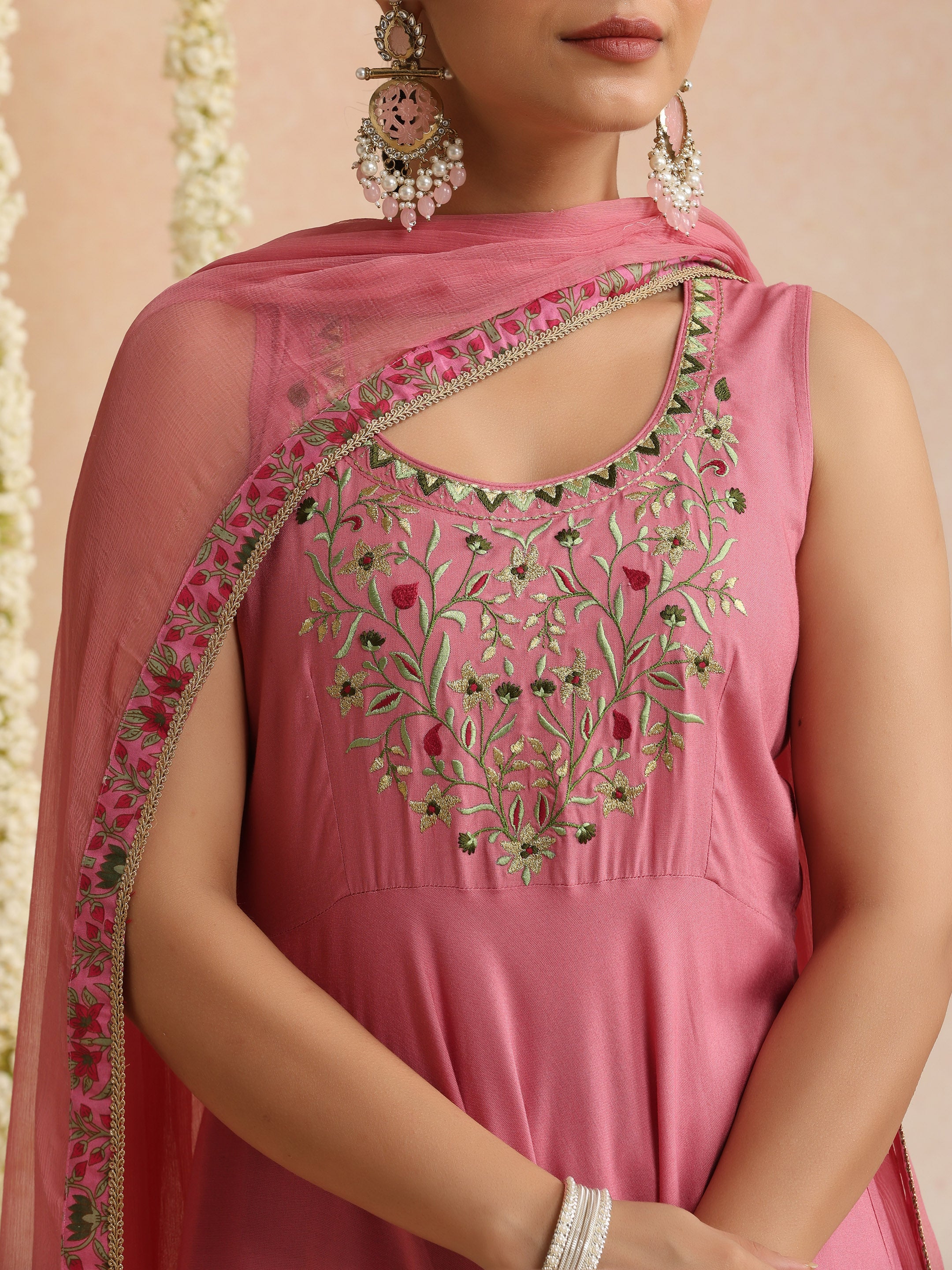 Pink embroidered Kurta with Palazzos with dupatta