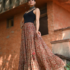 Khushal K Women's Rust Printed Cotton Flared Maxi Skirt