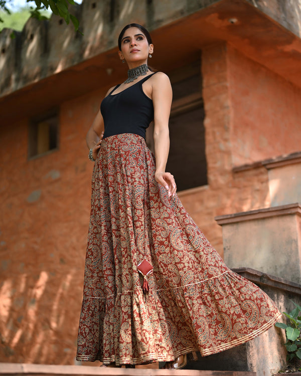 Khushal K Women's Rust Printed Cotton Flared Maxi Skirt