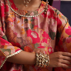 Khushal K Women Round Neck Prined Chanderi Kaftan set