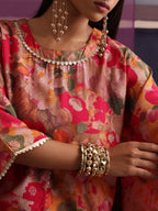 Khushal K Women Round Neck Prined Chanderi Kaftan set