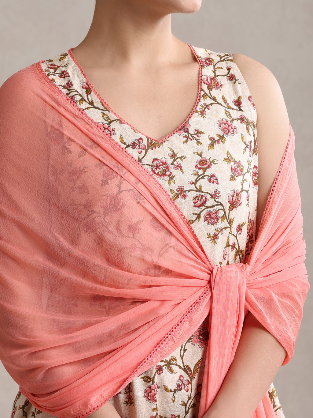 Women Cream Floral Printed Angrakha Pure Cotton Kurta with Palazzos & Dupatta