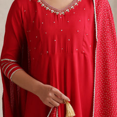Khushal K  Red v-Neck Anarkali Rayon Kurta kurta set