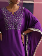 Khushal K Women Embroidered Round Neck Purple Kaftan set