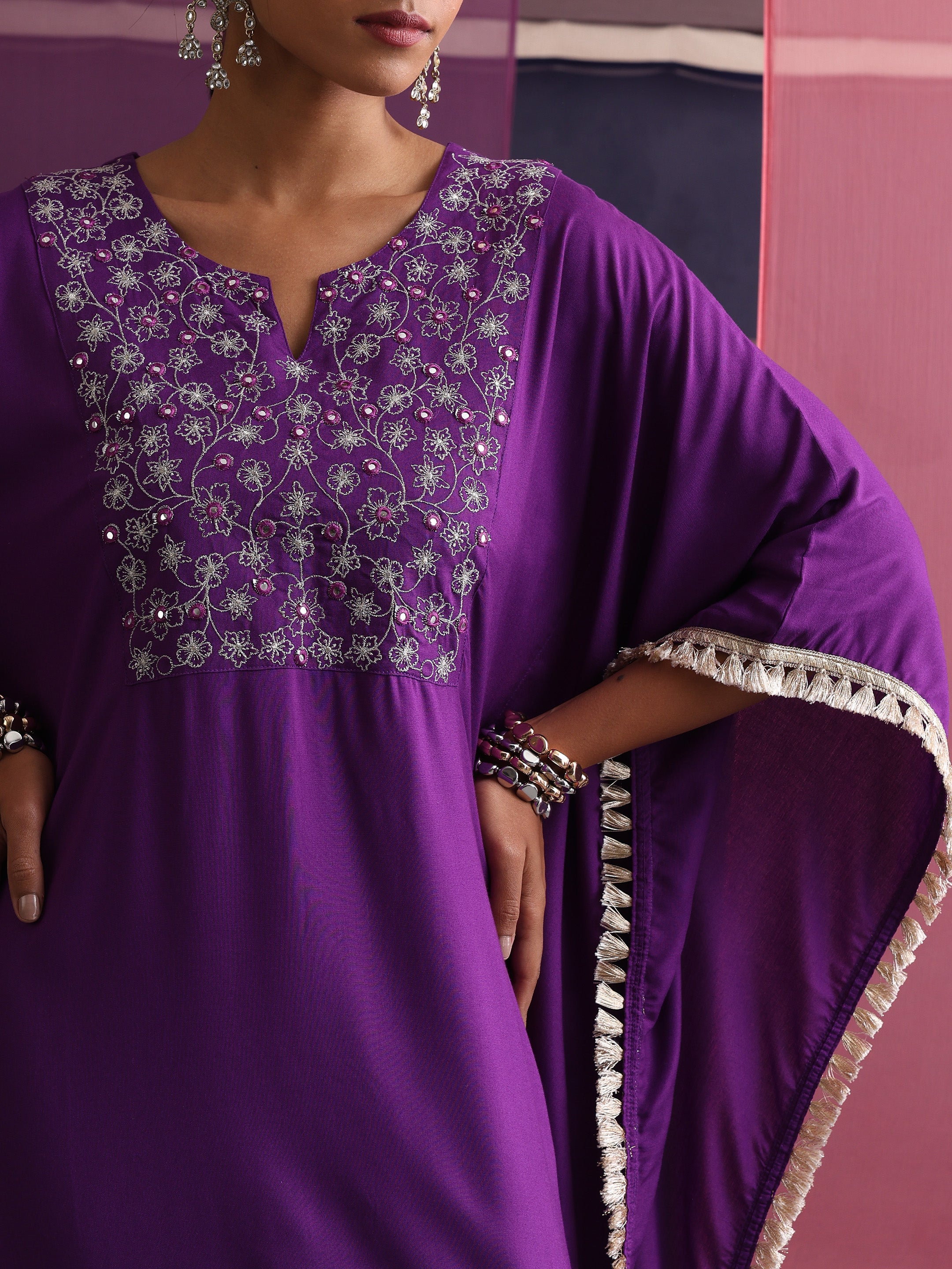 Khushal K Women Embroidered Round Neck Purple Kaftan set