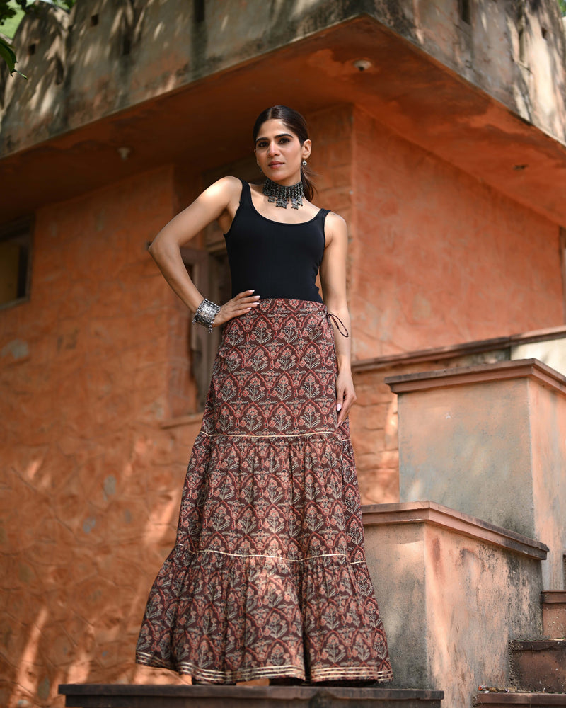 Khushal K Women's Brown Printed Cotton Flared Maxi Skirt