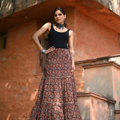 Khushal K Women's Brown Printed Cotton Flared Maxi Skirt