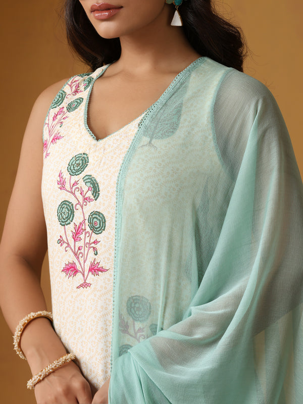 Khushal K Women Floral Printed Sleeveless Pure Cotton Kurta Set