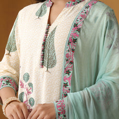Khushal K Floral Printed Mandarin Collar Pure Cotton A-Line Kurta set