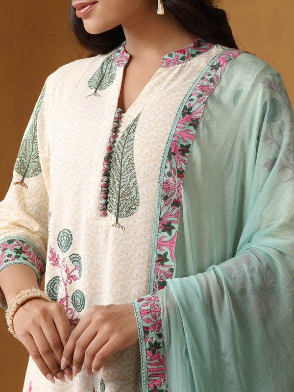 Khushal K Floral Printed Mandarin Collar Pure Cotton A-Line Kurta set