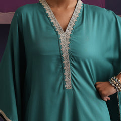 Khushal K Women V-Neck-line Green Kaftan set