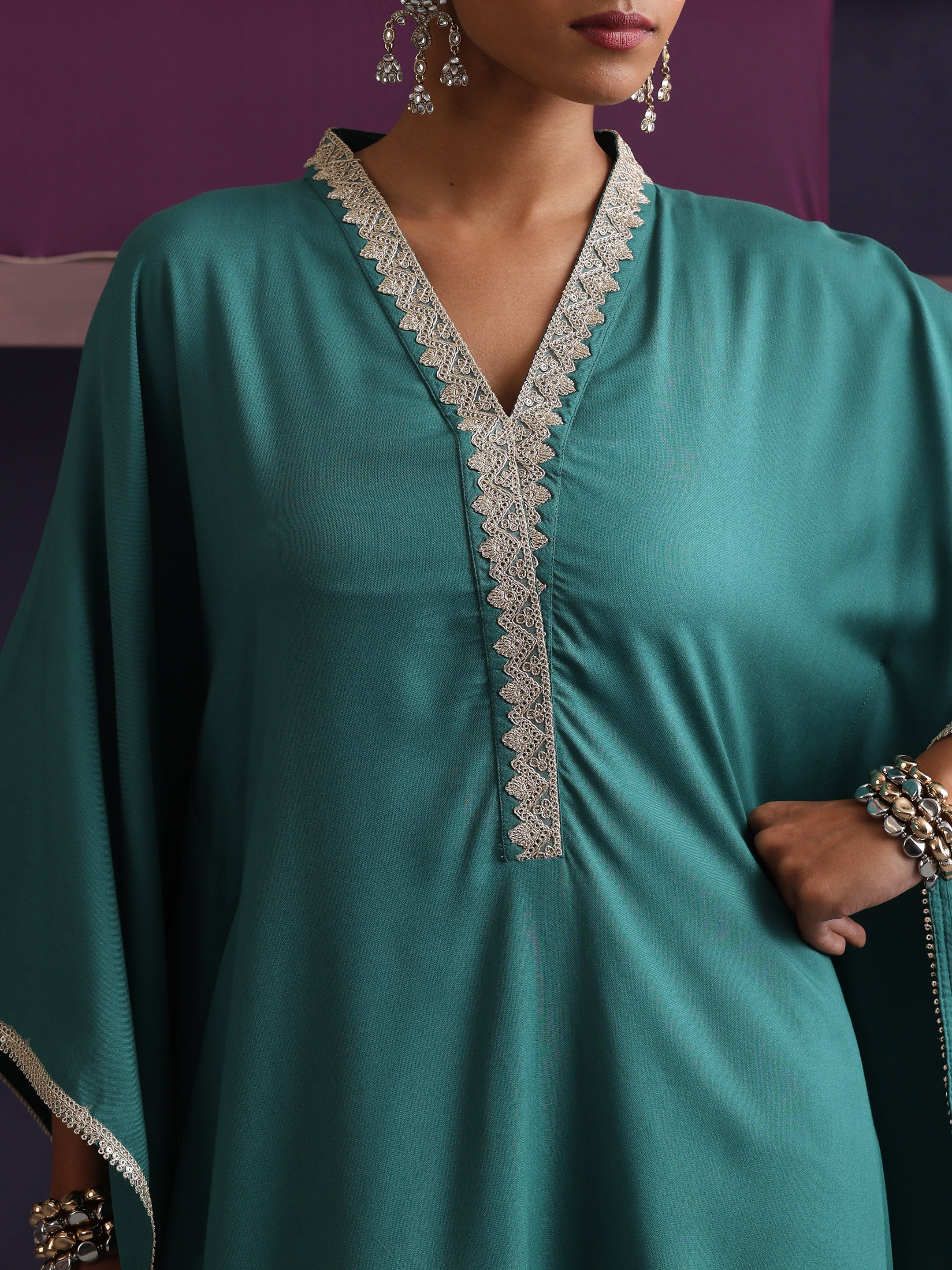 Khushal K Women V-Neck-line Green Kaftan set