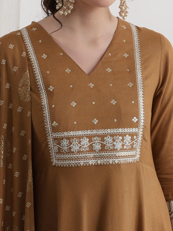 Khushal K Ethnic Motifs Brown  Anarkali Sequinned Kurta set