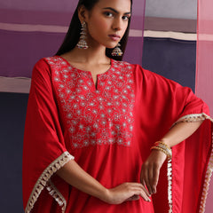 Khushal K Women Embroidered Round Neck Red Kaftan set