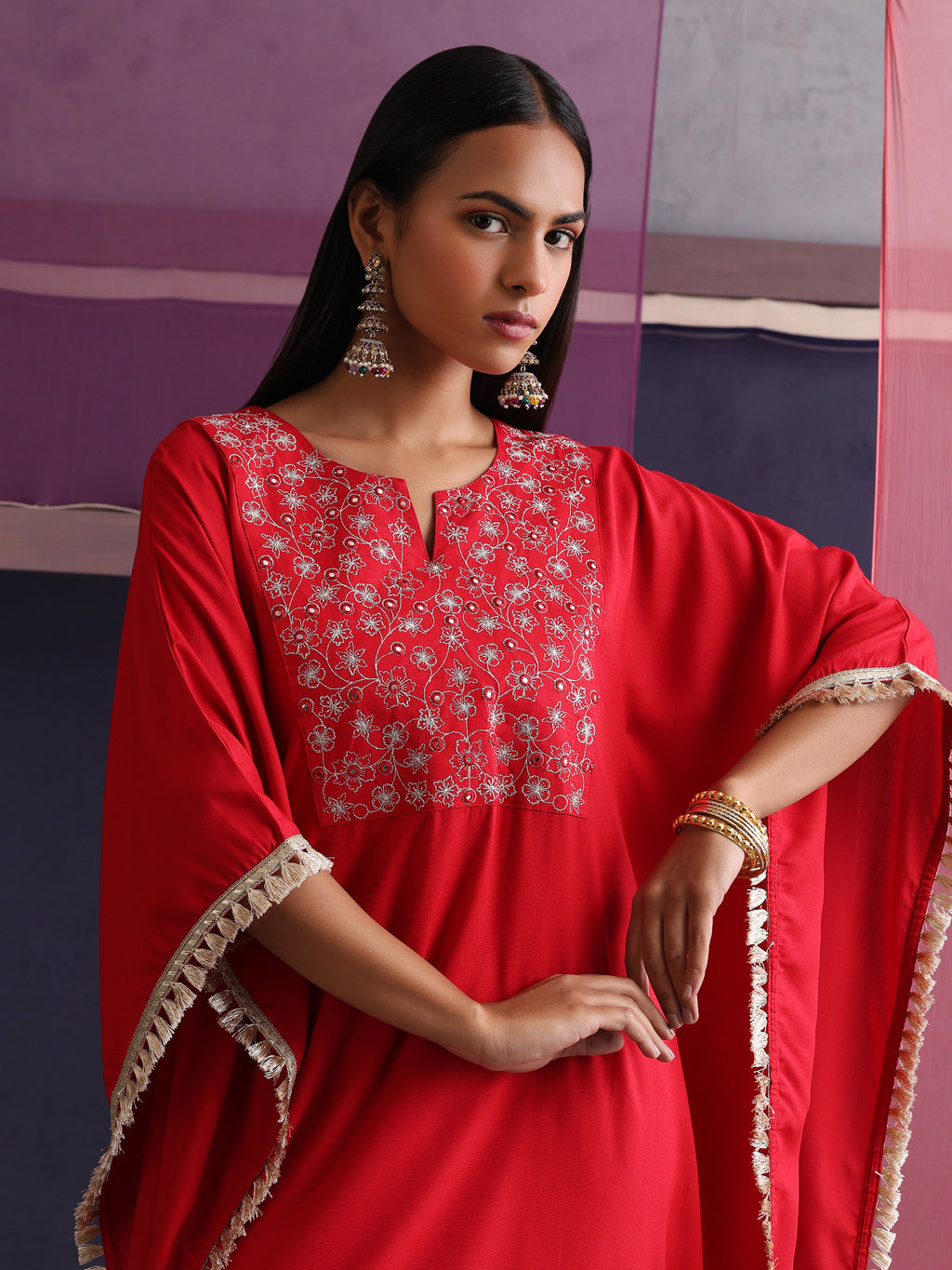 Khushal K Women Embroidered Round Neck Red Kaftan set