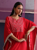 Khushal K Women Embroidered Round Neck Red Kaftan set