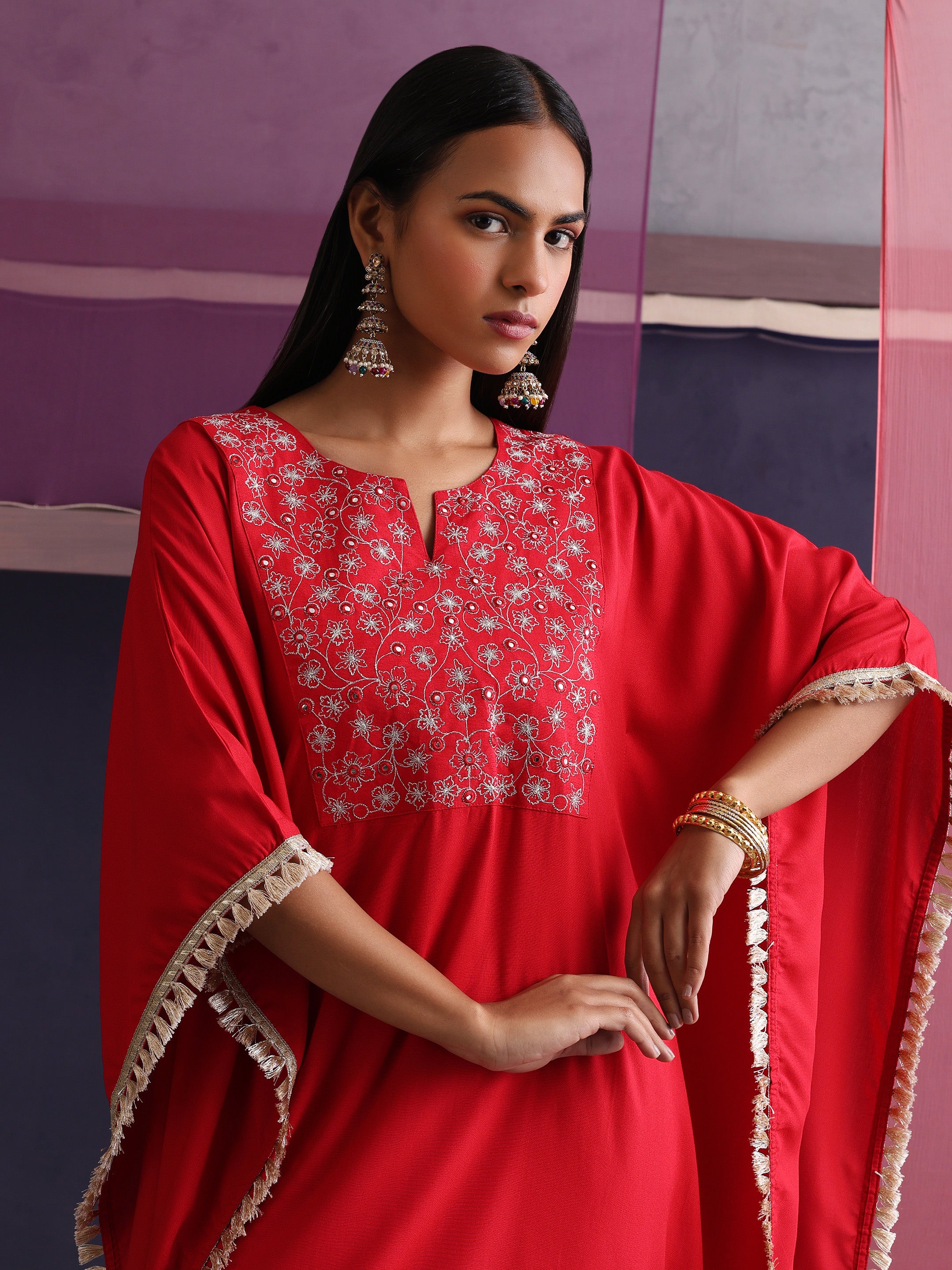 Khushal K Women Embroidered Round Neck Red Kaftan set