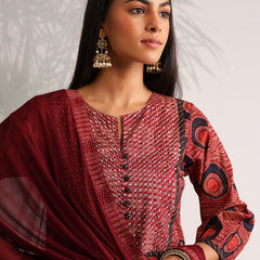 Khushal K Women Cotton kurta and Afghani Salwar with dupatta set - Maroon