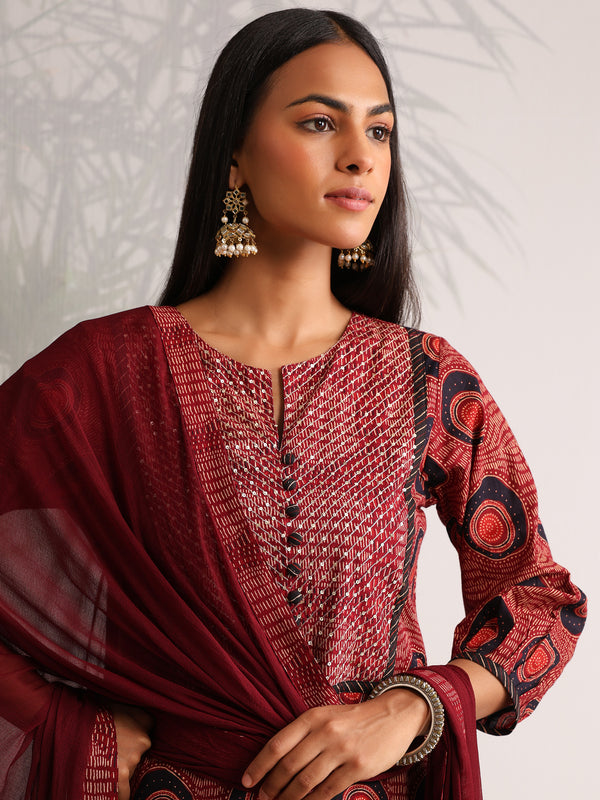 Khushal K Women Cotton kurta and Afghani Salwar with dupatta set - Maroon