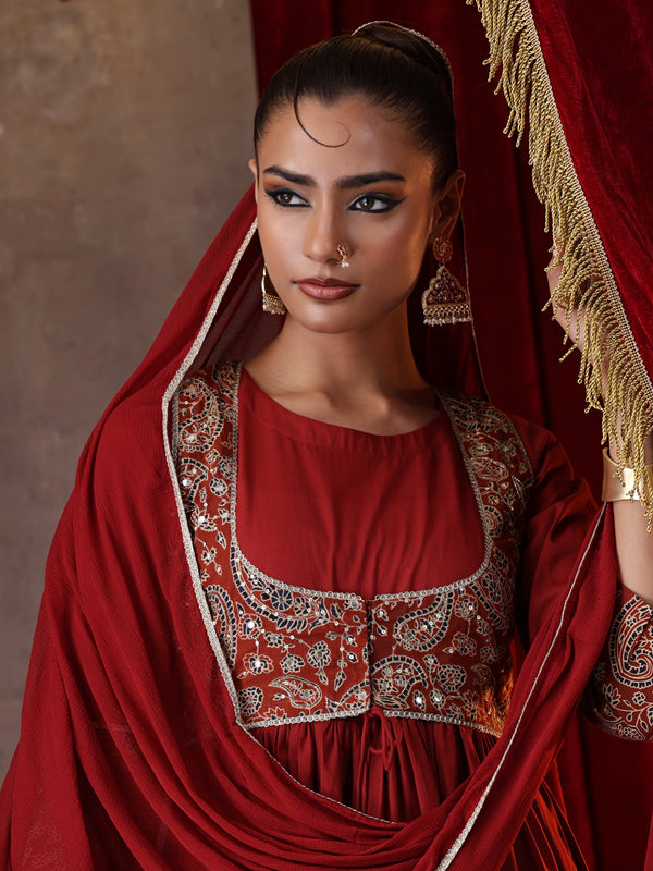 Khushal K Women Cotton kurta and palazzo with dupatta set - Rust